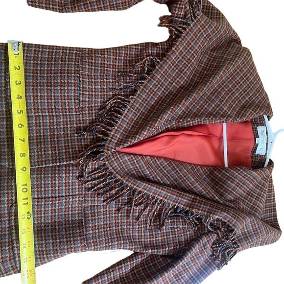 Worth Vintage 90s Plaid Tweed Blazer S Brown Fringed Shawl Collar - Picture 11 of 13